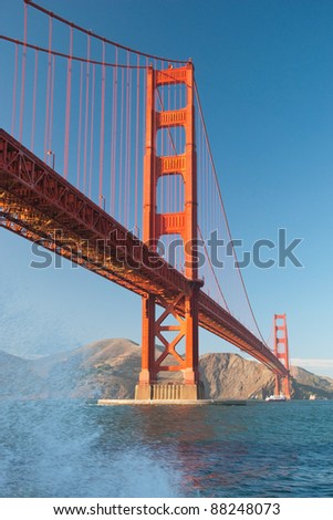 The Golden Gate Bridge in San Francisco during the sunset with beautiful azure ocean in background