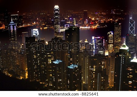 Hong Kong Skyline and Harbor at Night from Victoria Peak  Trademarks removed. Editor's Note--In response to comments from reviewer have further processed image to reduce noise and sharpen focus.