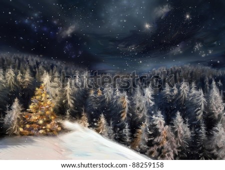 The art picture with night forest, christmas tree in yellow light
