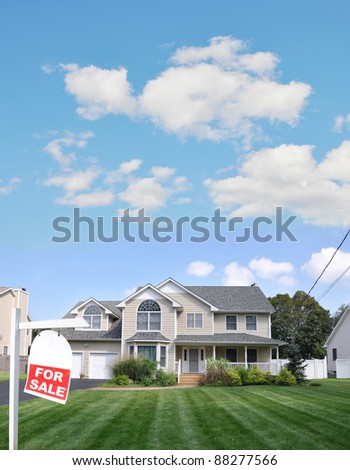 Realtor Red For Sale Sign on Lush Green Landscaped Front Yard Lawn of Large Beautiful Suburban Home in Residential District