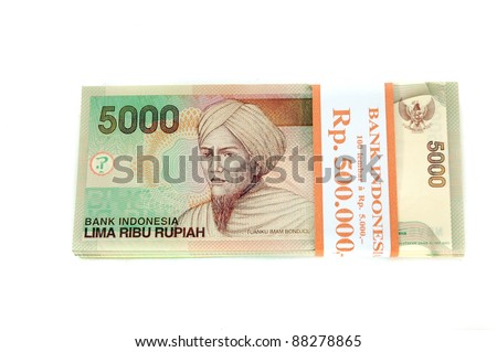 bills Indonesian currency denomination of five thousand isolated on white background