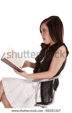 A woman reading a book and being shocked.