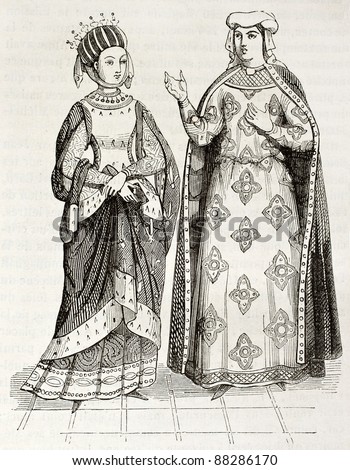 Blanche of Castile and Margaret of Provence old engraved portraits. Created by Montfaucon, published on Magasin Pittoresque, Paris, 1844