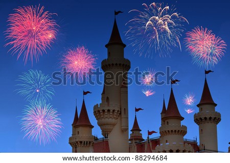 Background Night castle with firework