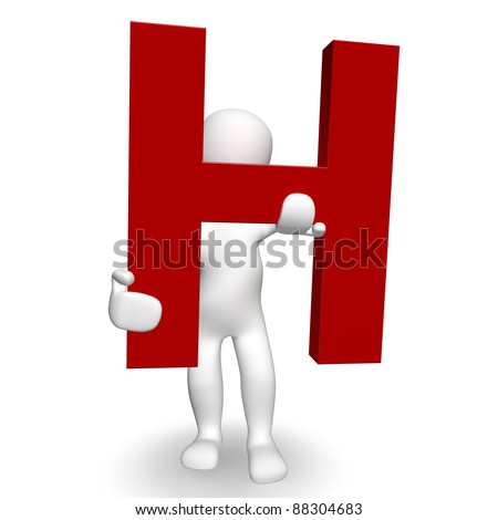 3D Human charcter holding red letter H, 3d render, isolated on white