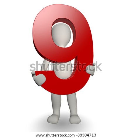 3D Human character holding number nine, 3d render, isolated on white