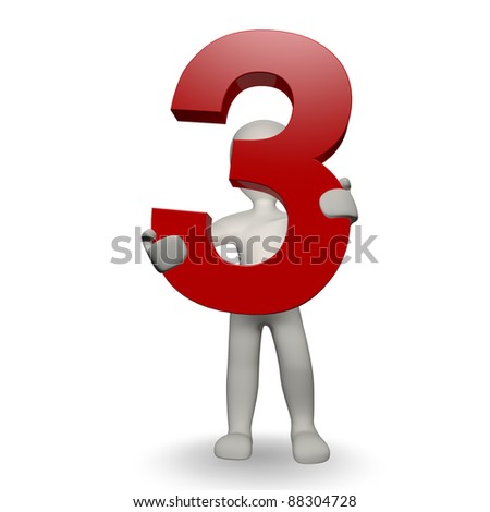 3D Human character holding number three, 3d render, isolated on white