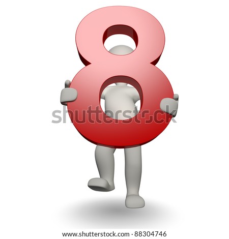 3D Human character holding number eight, 3d render, isolated on white
