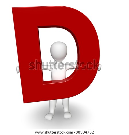 3D Human charcter holding red letter D, 3d render, isolated on white