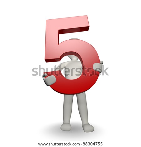 3D Human character holding number five, 3d render, isolated on white