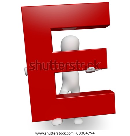 3D Human charcter holding red letter E, 3d render, isolated on white
