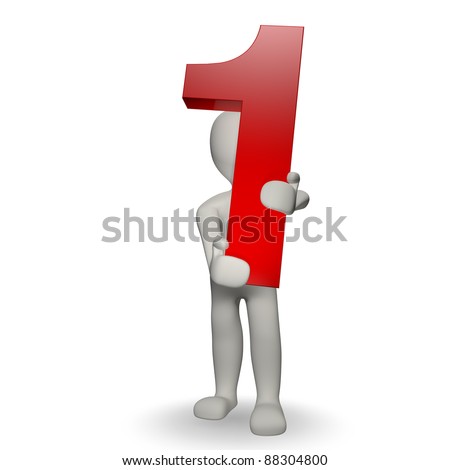 3D Human character holding number one, 3d render, isolated on white