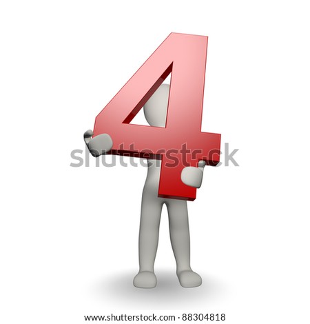 3D Human character holding number four, 3d render, isolated on white