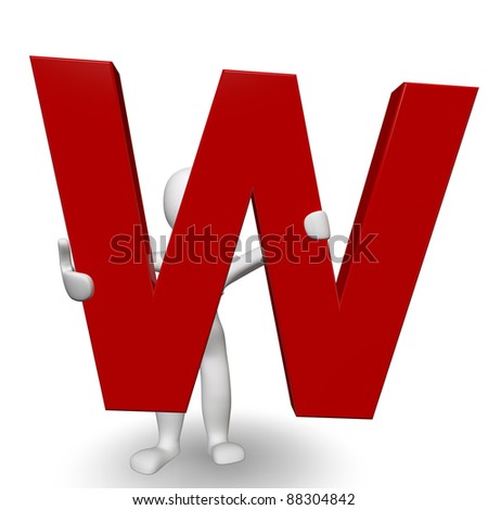 3D Human charcter holding red letter W, 3d render, isolated on white