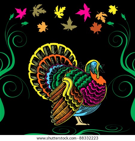 Vector Illustration for Thanksgiving with colorful Turkey and Fall Autumn Leaves.