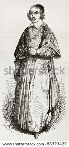 Jean Francois Paul de Gondi, coadjutor bishop and Cardinal de Retz, old engraved portrait. Created by Montigneul, published on Magasin Pittoresque, Paris, 1844