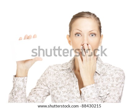 surprised young beautiful woman , holding white visit card