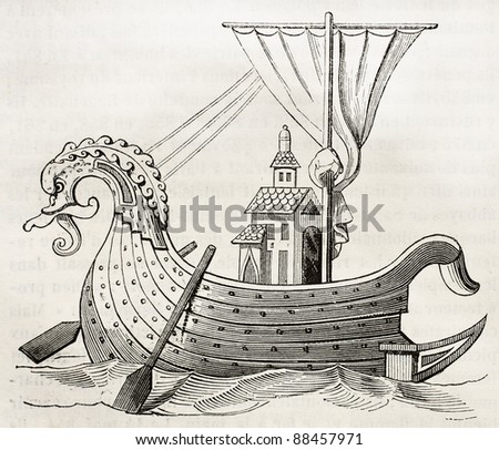 9th century Norman vessel old illustration. After manuscript kept in Royal French library,  published on Magasin Pittoresque, Paris, 1844
