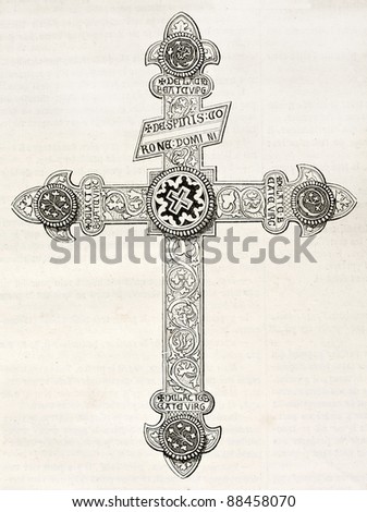 Crucifix kept in Orval church, old illustration. By unidentified author, published on Magasin Pittoresque, Paris, 1844