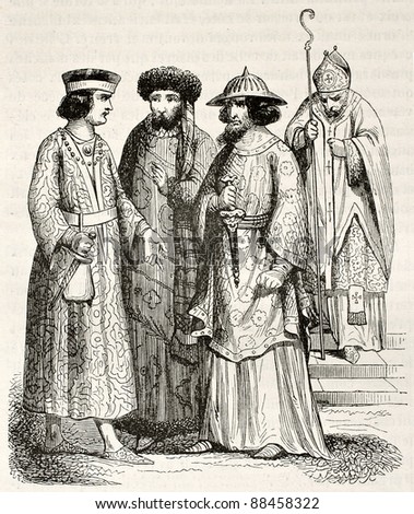 12th century costumes of noblemen and bishop. Created by Herbe, published on Magasin Pittoresque, Paris, 1844