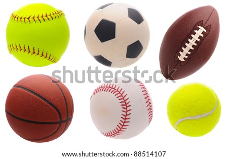 Six assorted sports balls over a white background.
