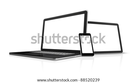 3D laptop, mobile phone and digital tablet pc computer - isolated on white with clipping path