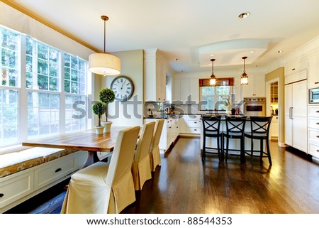 White large luxury modern kitchen with dark floor