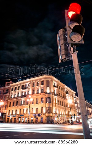 Traffic lights at night in Saint-Petersburg, Russia
