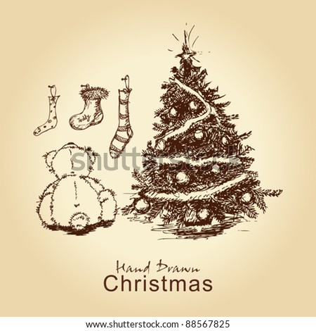 hand drawn vintage christmas card with teddy and christmas tree, for xmas design