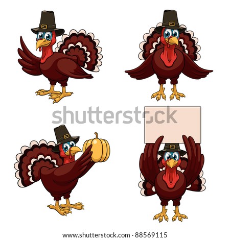 Four cartoon thanksgiving turkeys in a pilgrim hats on white background
