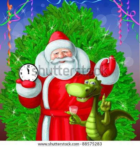 Santa Claus ,dragon and the clock