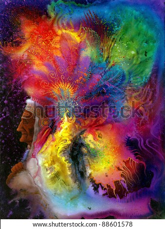 Picture painted by me, named Don Juan, it shows a sideways portrait of a old indian with extreme colorful mystic headdress