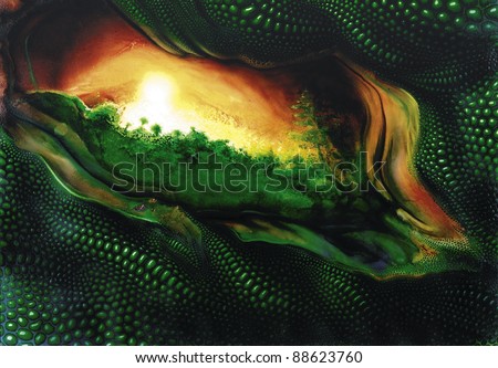 picture painted by me named Superficial Glance, it suggests a green jungle and reptile scaled eye-like scenery