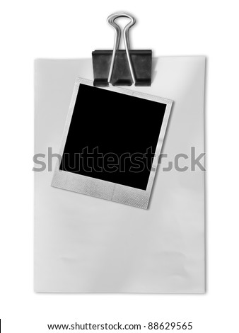 Old photo frame on white paper with black clipboard