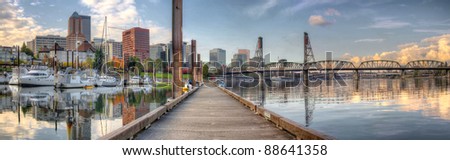 Marina along Willamette River in Portland Oregon Downtown Waterfront Panorama