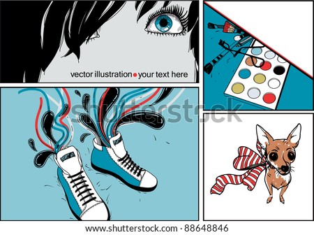 vector set of colorful cards with a dog, make up, fashion sneakers and a part of the face