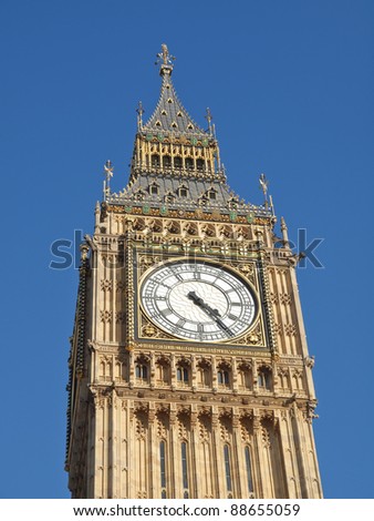 Big Ben Houses of Parliament Westminster Palace London gothic architecture - over blue sky background