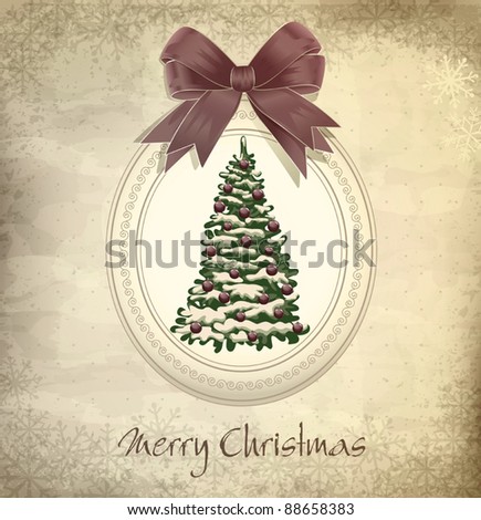 vector holiday, vintage, grungy Christmas background with Christmas tree and a bow
