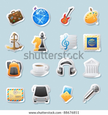 Sticker button set. Icons for entertainment, travel and arts. Vector illustration.