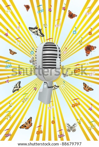The old radio microphone on the background of musical notes and flying butterflies