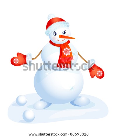 cute  smiling snowman  in the red cup and mittens