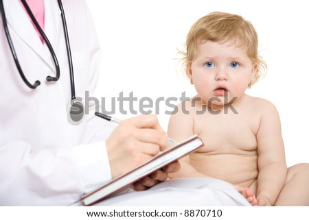 Doctor pediatrician write receipt for little patient