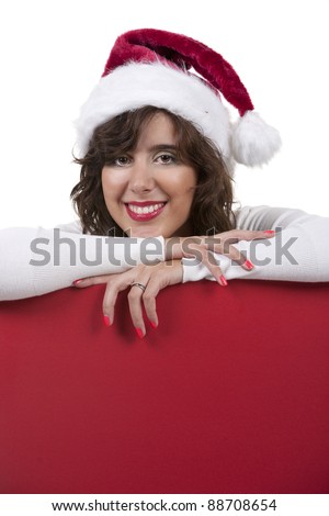young woman holding blank advert board in christmas theme