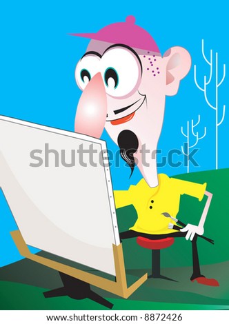 A painter sitting in a stool and painting a Comic
