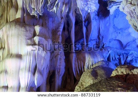 Blue colors inside Thieng Cung cave, Halong bay, Vietnam
