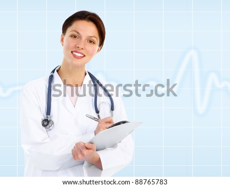 Medical doctor woman writing. Health care. Over blue background.