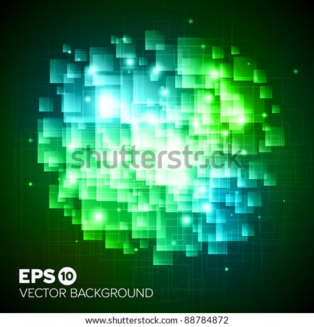 Modern abstract green squares tech background with light effect