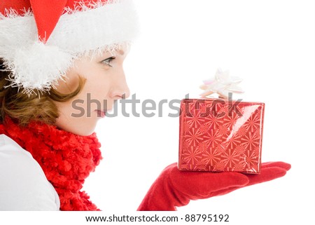 Woman with Christmas presents on a white background.
