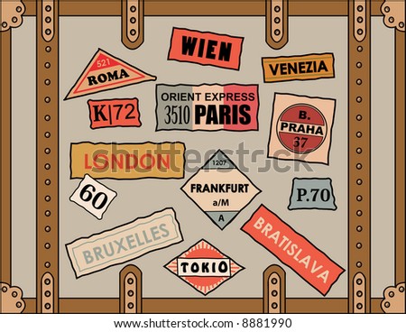 vintage travel stickers on old luggage