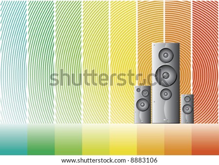 Vector illustrations of three shaded speakers on a colorful rainbow background.